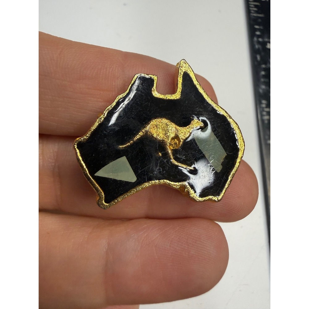 Australia Map Brooch Gold Tone Kangaroo Black Enamel Souvenir Pin